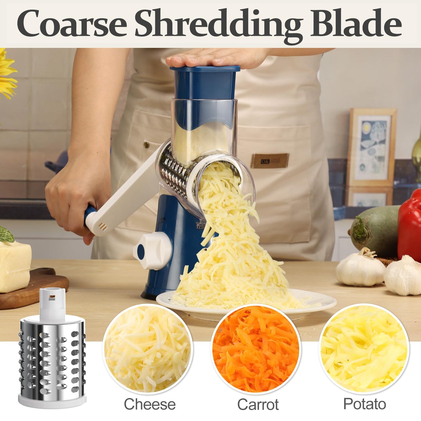 Cambom Rotary Cheese Grater Hand Crank Cheese Shredder for Fresh Cheese, Vegetable, Nuts,Non-slip Suction Base, Free Cleaning Brush Three Blades, Black