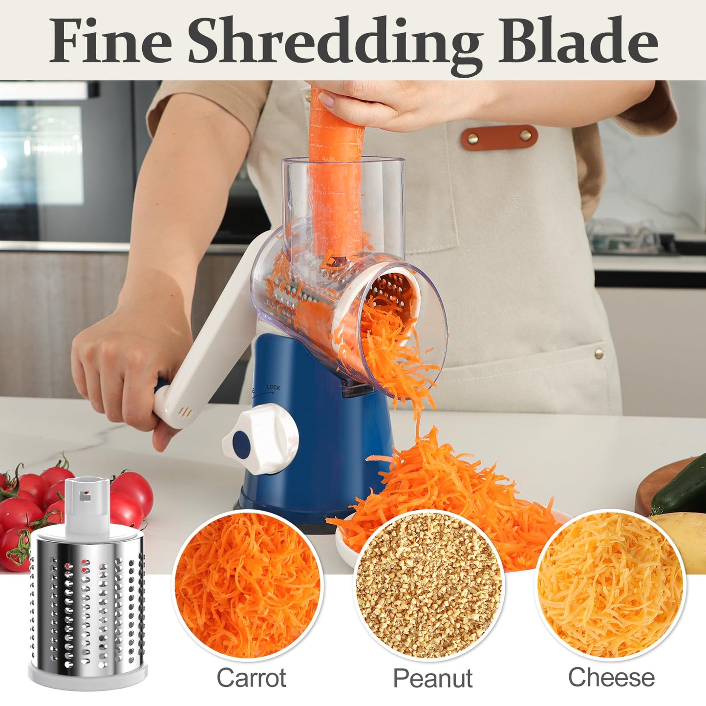 Cambom Rotary Cheese Grater Hand Crank Cheese Shredder for Fresh Cheese, Vegetable, Nuts,Non-slip Suction Base, Free Cleaning Brush Three Blades, Black