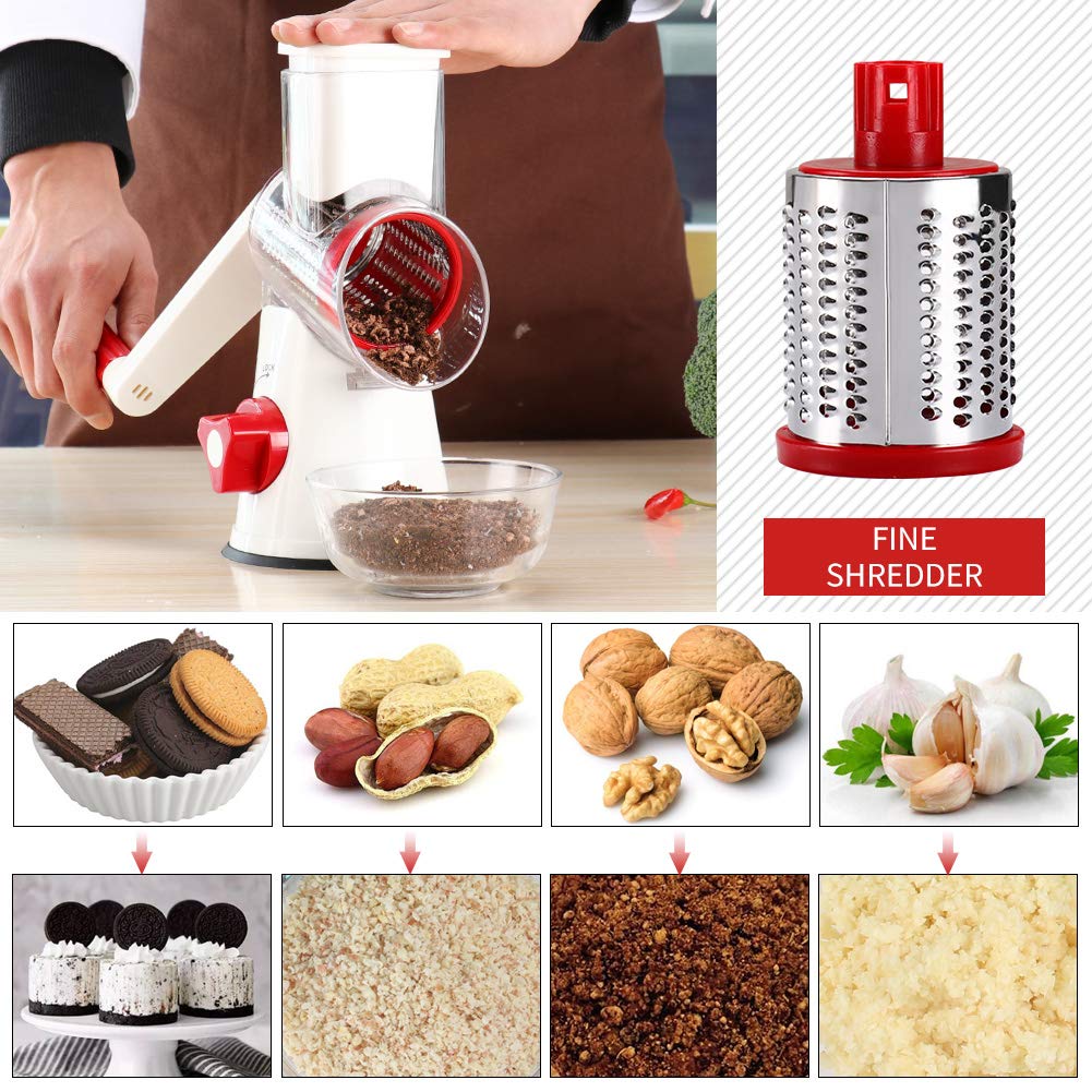 Cambom Rotary Cheese Grater Hand Crank Cheese Shredder for Fresh Cheese, Vegetable, Nuts,Non-slip Suction Base, Free Cleaning Brush Three Blades, Black