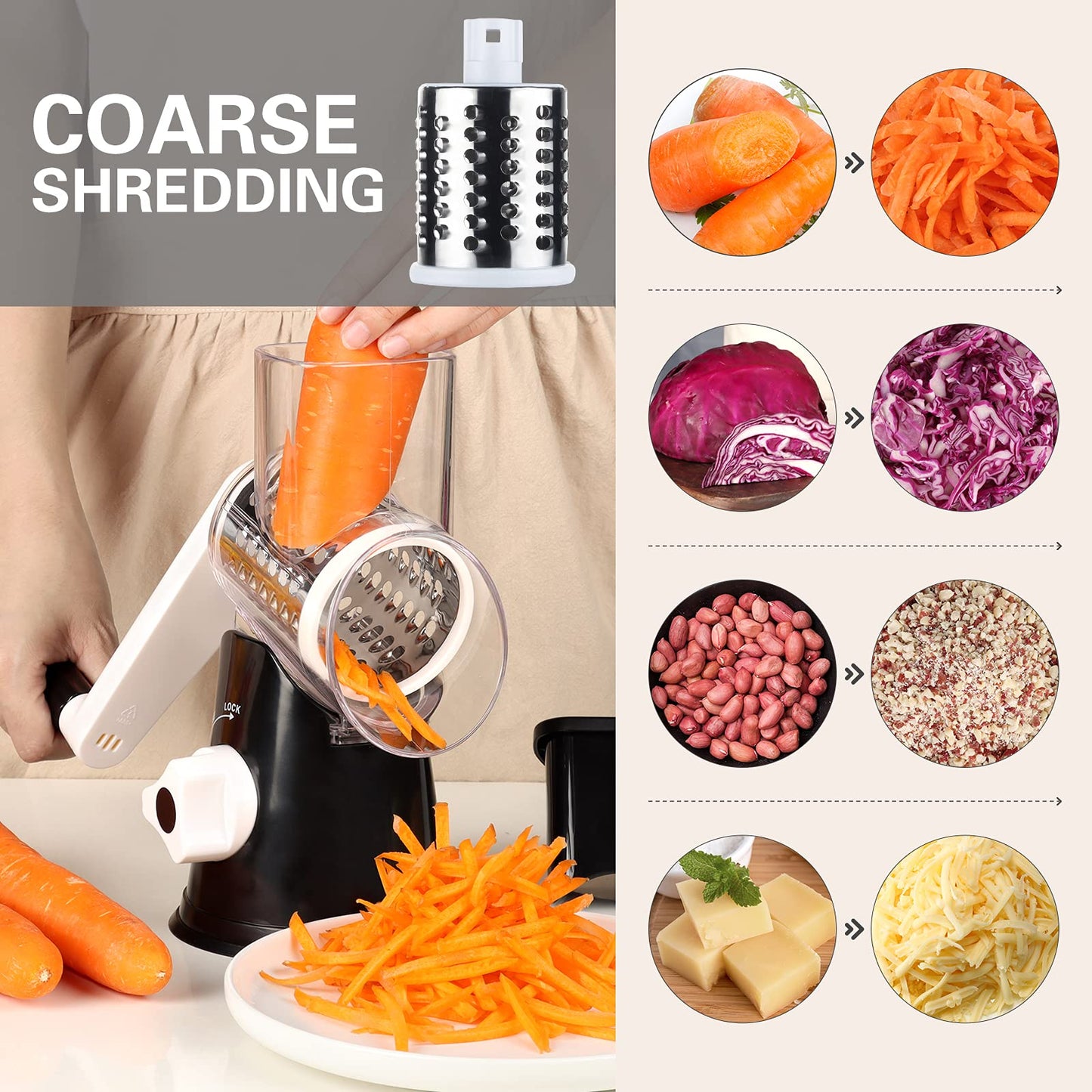 Cambom Rotary Cheese Grater Hand Crank Cheese Shredder for Fresh Cheese, Vegetable, Nuts,Non-slip Suction Base, Free Cleaning Brush Three Blades, Black